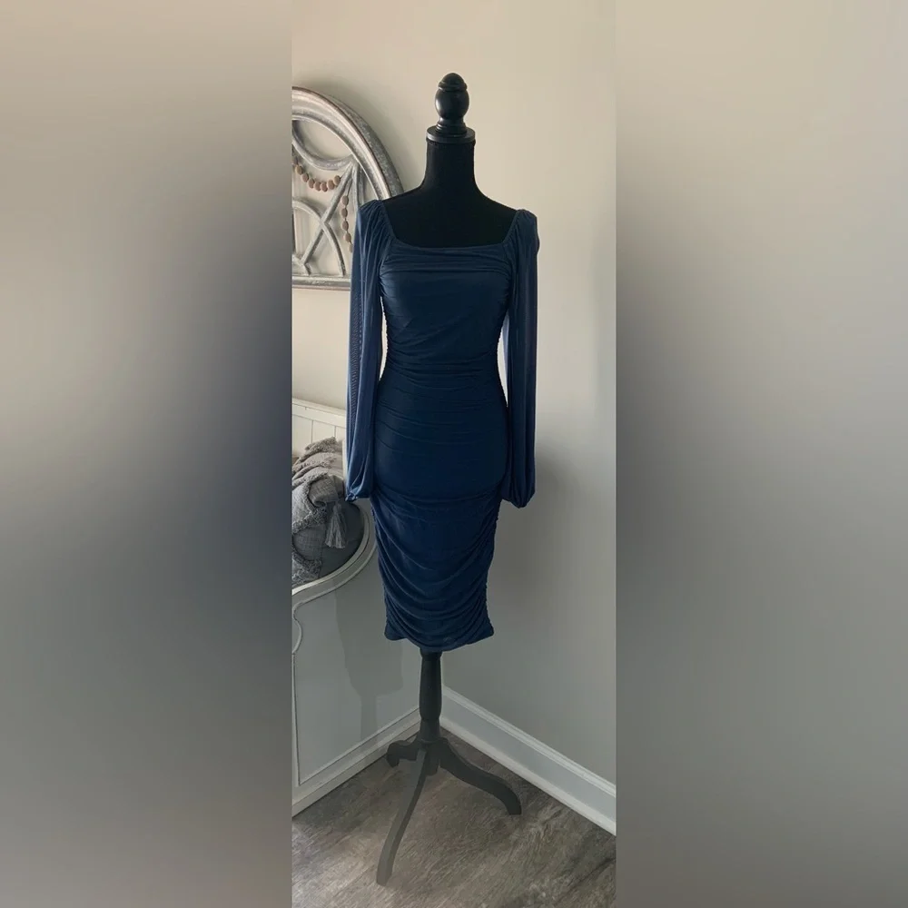 ZESICA Women's Puff Sleeve Square Neck Ruched Bodycon Midi Dress- Size S- BNWT - Picture 5 of 8